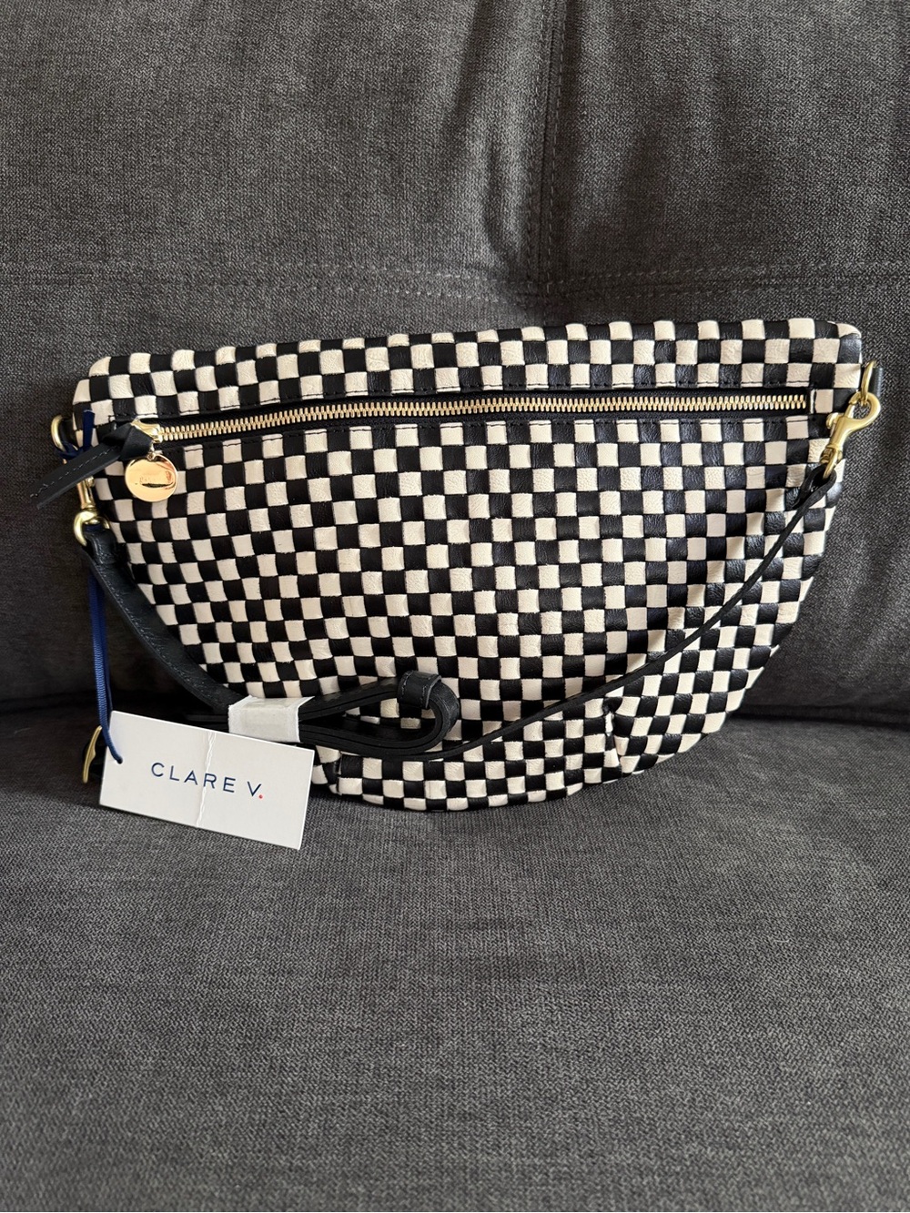 Clare V. Grande Woven Leather Belt Bag in Black And Cream Checker NWT - Picture 7 of 7